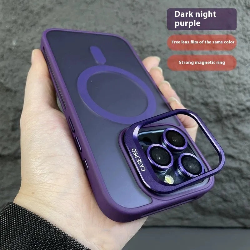 Magnetic iPhone case with lens cover bracket in Black, PC anti-fingerprint shell, fits iPhone 13 to 16 Pro Max