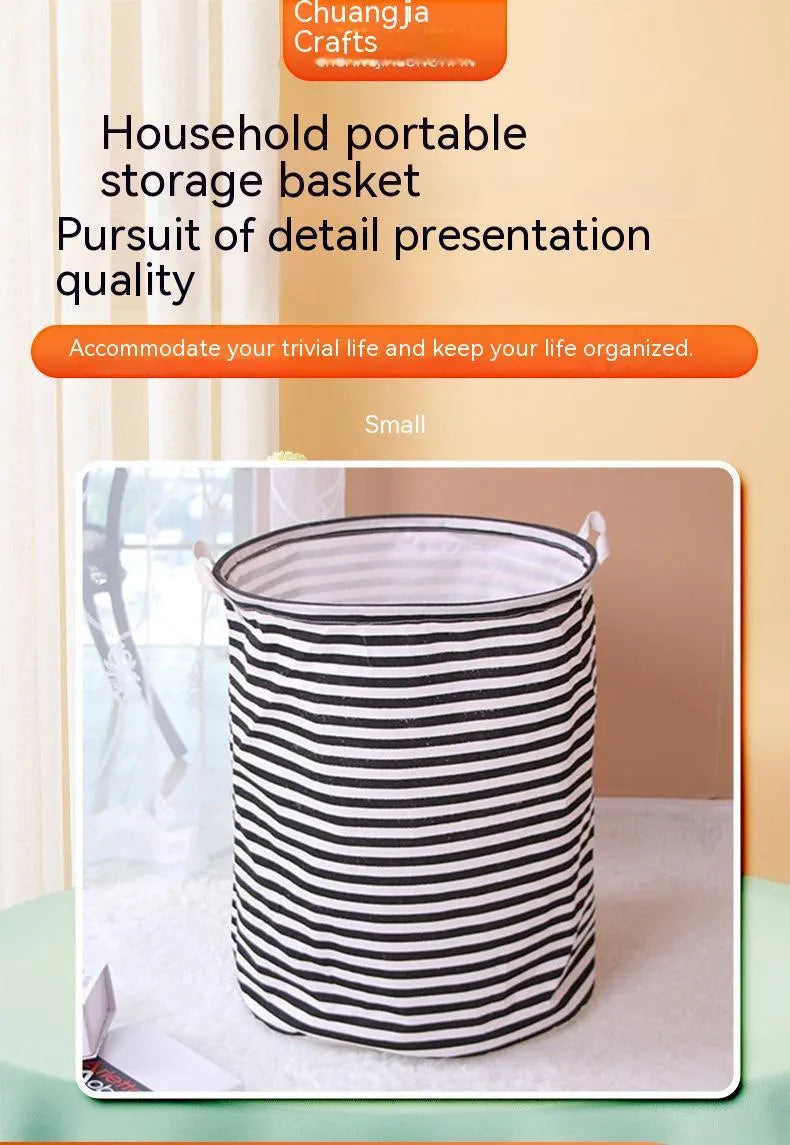 Striped cotton and linen storage basket, 40 x 50cm, with double handles, shown in black or red for laundry, toys or household use.