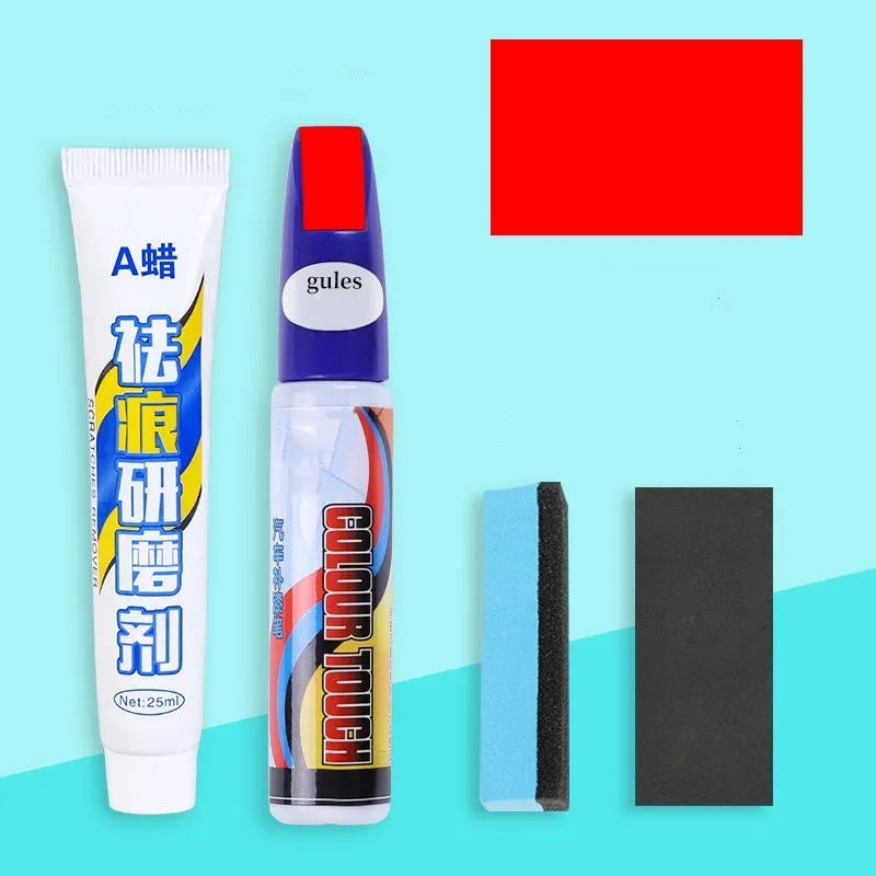 Automotive paint repair pen kit with scratch wax, paint pen, sandpaper and sponge for car bodywork