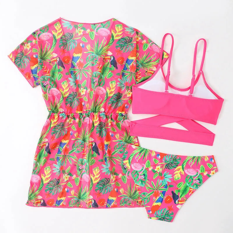 Floral print two-piece bikini swimsuit for girls on a mannequin.
