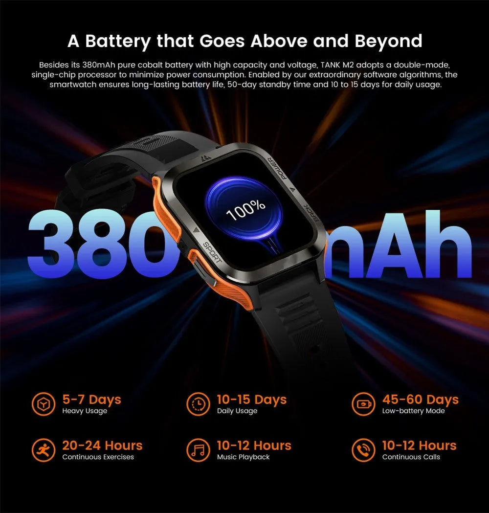 Waterproof smart watch with 1.85 inch IPS screen, Bluetooth calling, 22 mm strap, Black Orange Red options