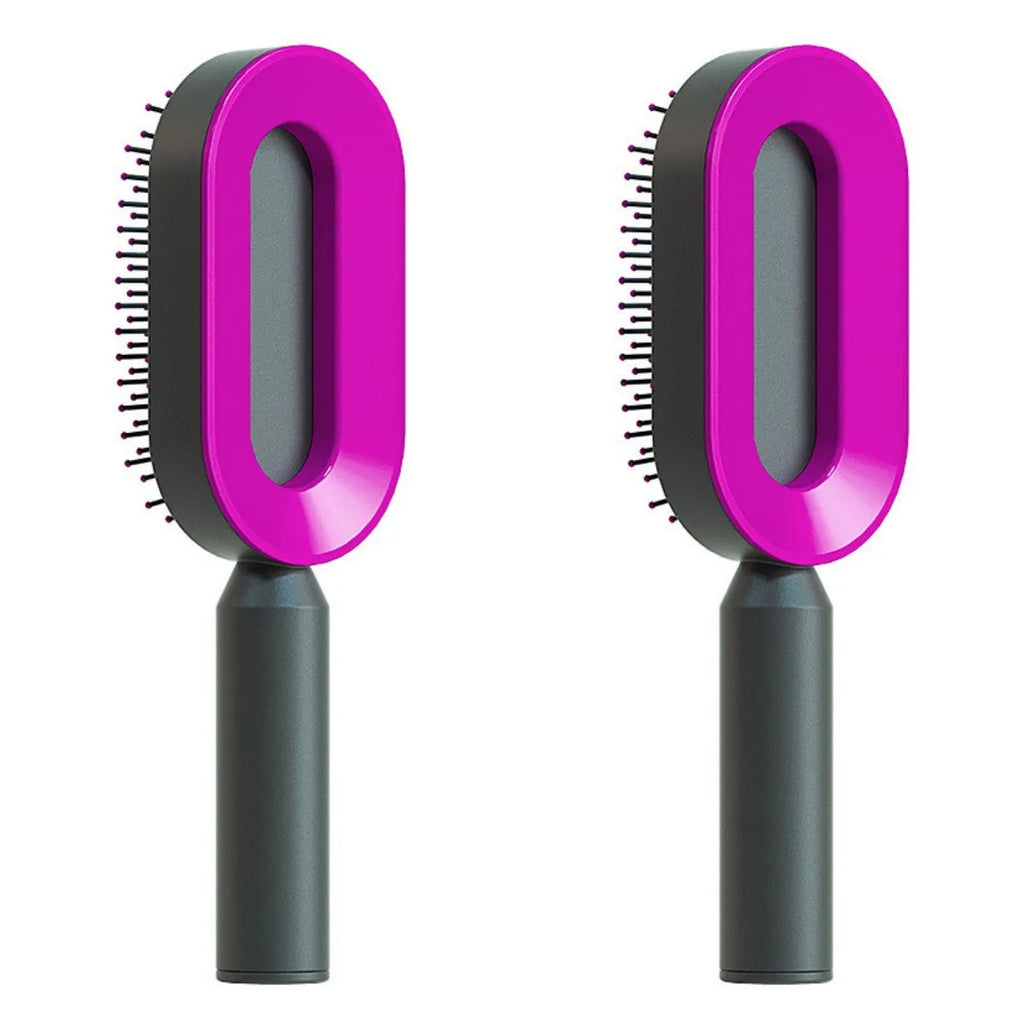 Self-cleaning air cushion hair brush in white, black gold, or black purple with ergonomic handle