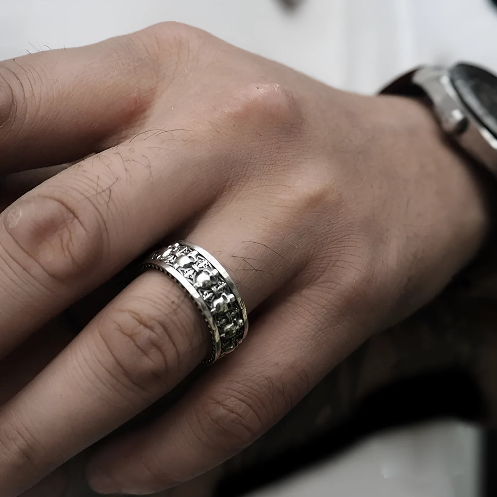 Unisex alloy skull ring with geometric ornament and retro gothic style, shown in one colour variant