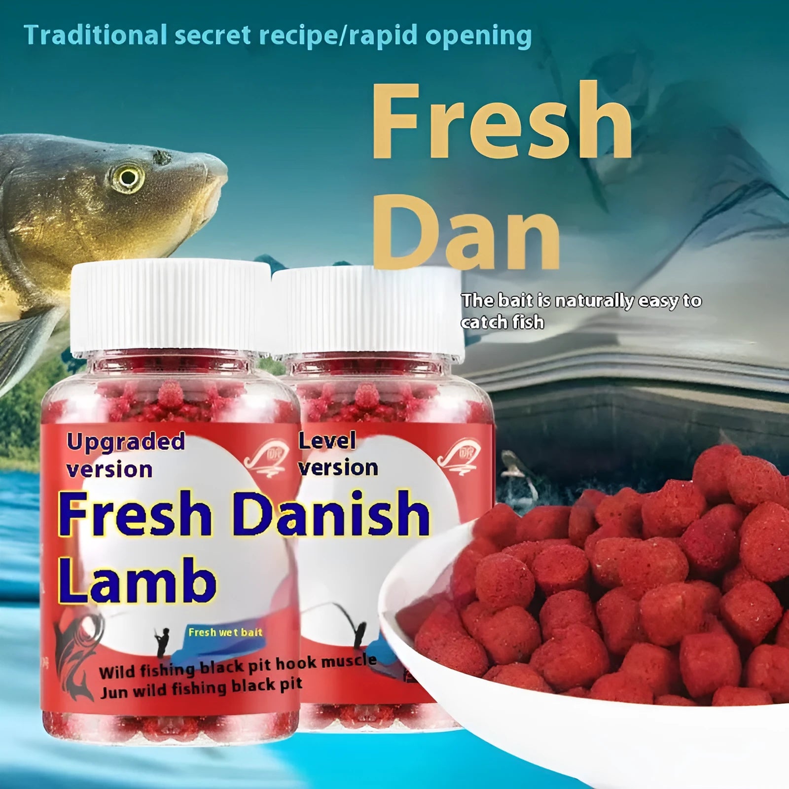 Bottle of grass green liquid fishing bait for crucian carp and freshwater fish.