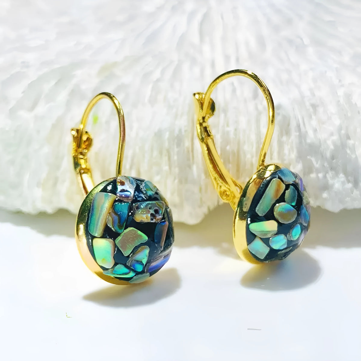 Handmade mother-of-pearl clip earrings for women with Chinese Fu character inlay, Chanel style, one pair