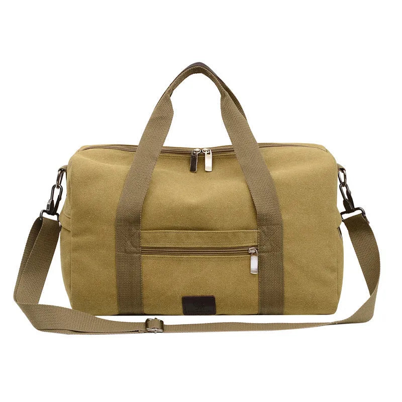 Men's canvas travel duffel bag in army green with three straps and polyester material
