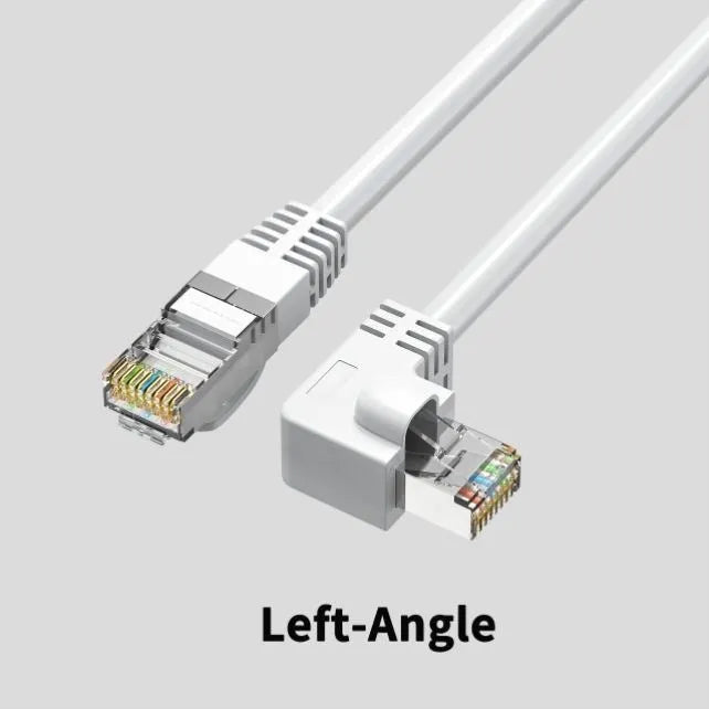 Cat6 Ethernet cable with a right-angle black RJ45 connector alongside cables in white, red, and yellow.
