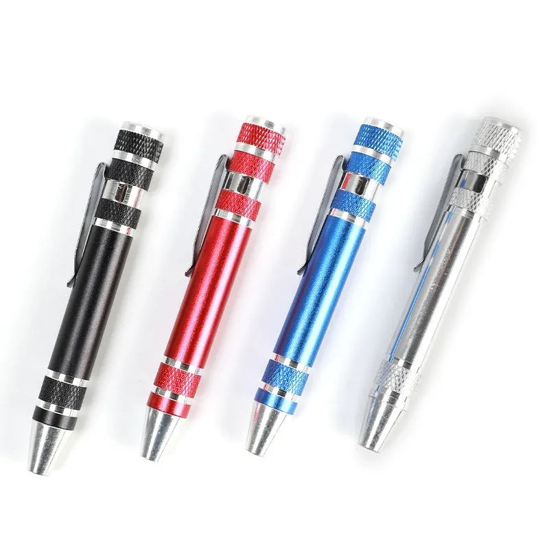 8 in 1 pen screwdriver set with aluminium alloy handle and multiple coloured bits