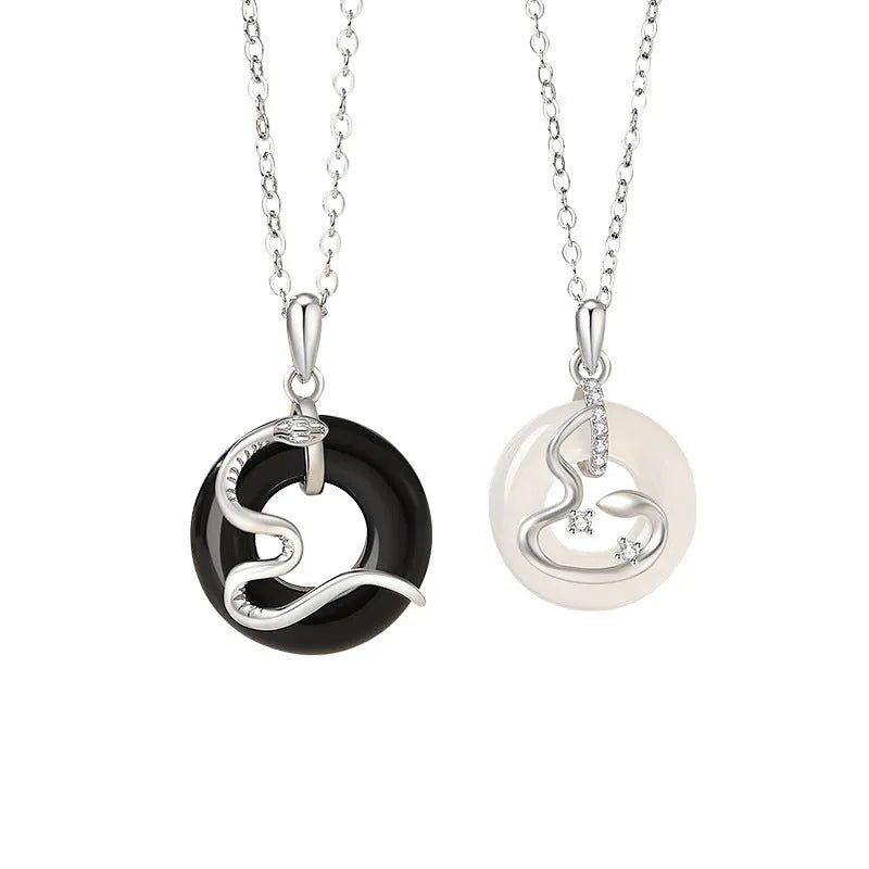 Chinese style 925 silver snake couple necklace with O-ring chain and Peace Buckle pendant in black finish