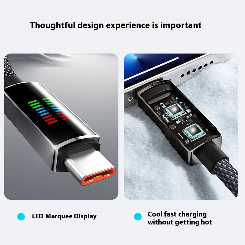 240W super fast charge Type-C woven cable with smart horse running light LED display in black, 1.2m length