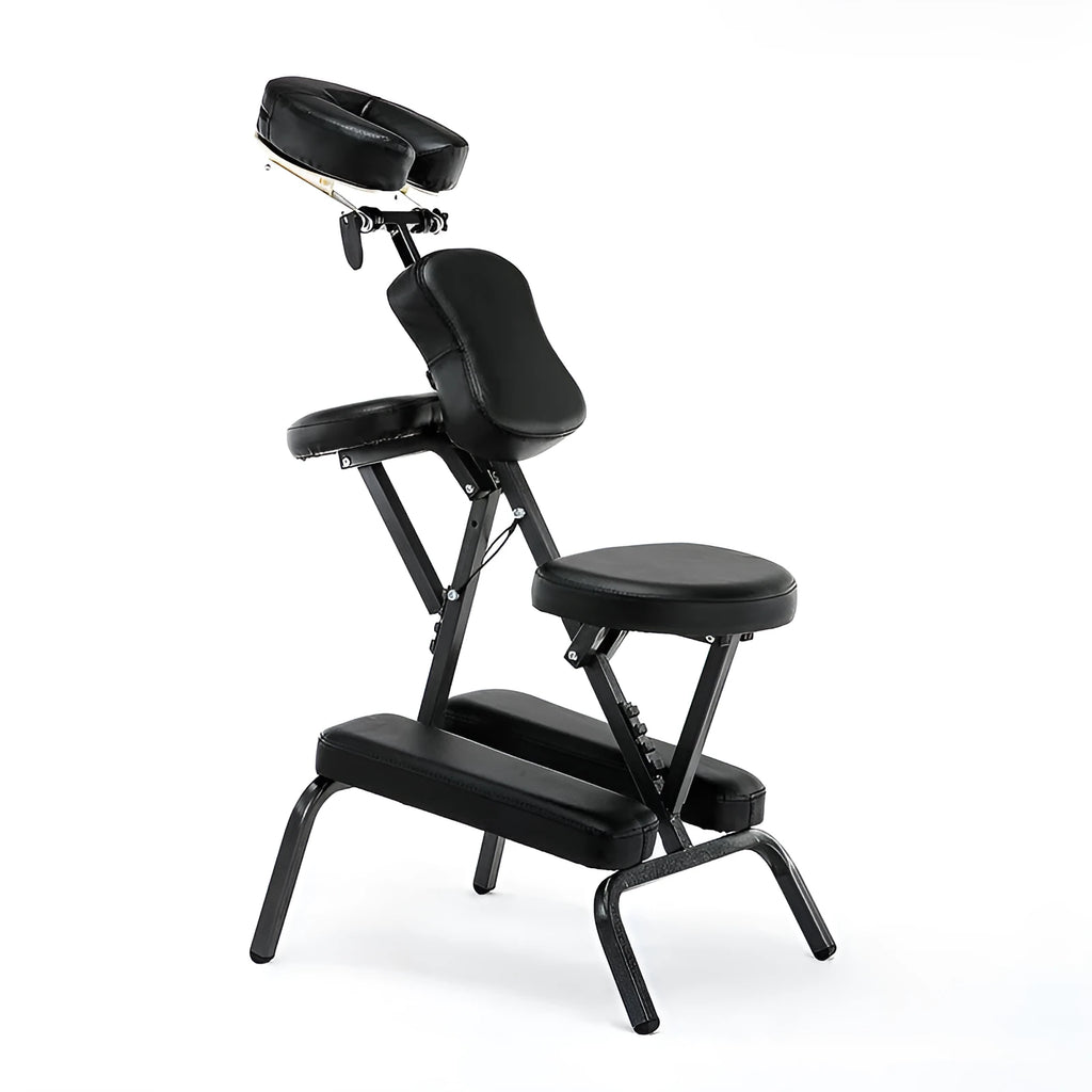 Folding massage chair in black with PVC leather seat and wood steel frame for tattooing and massage use