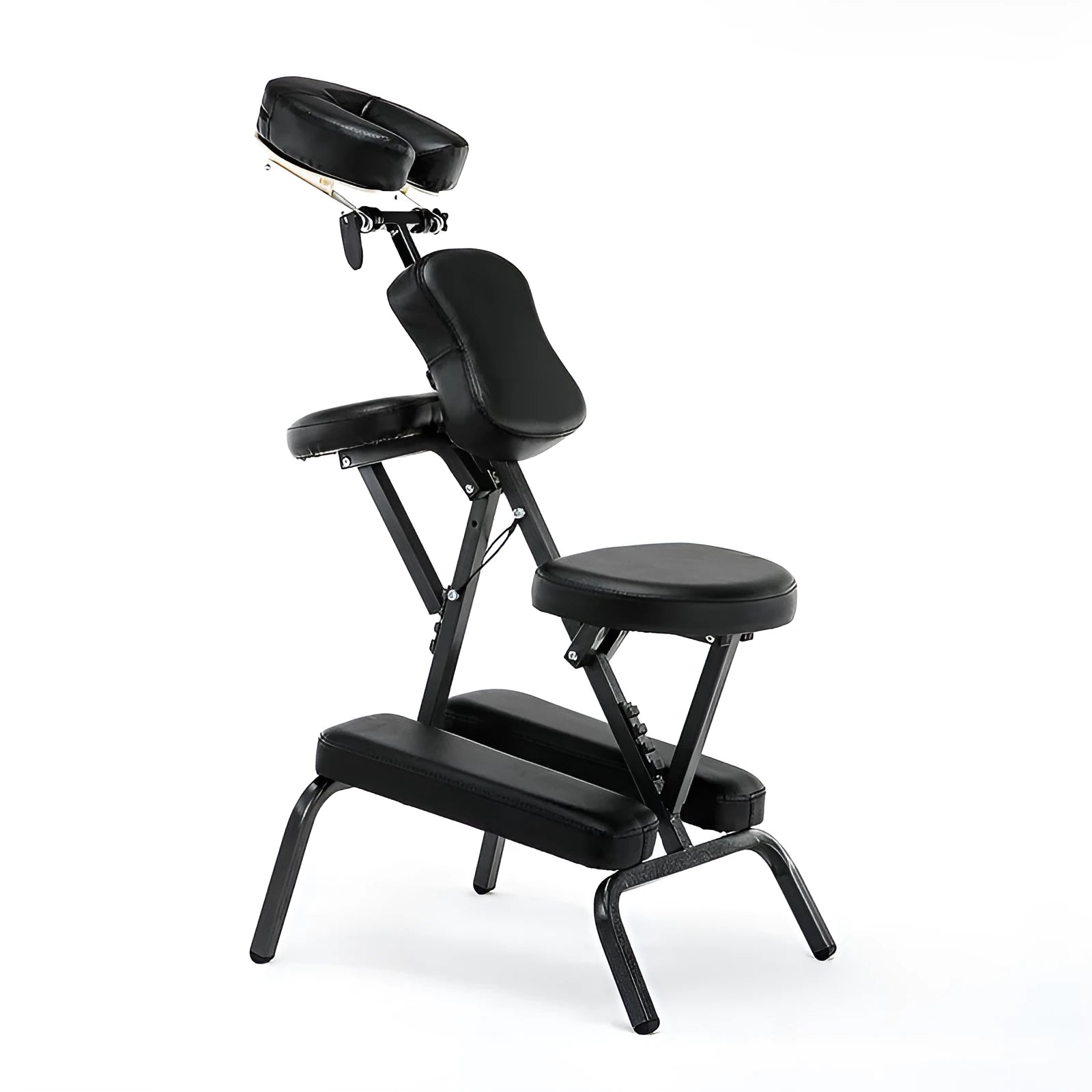 Folding massage chair in black with PVC leather seat and wood steel frame for tattooing and massage use