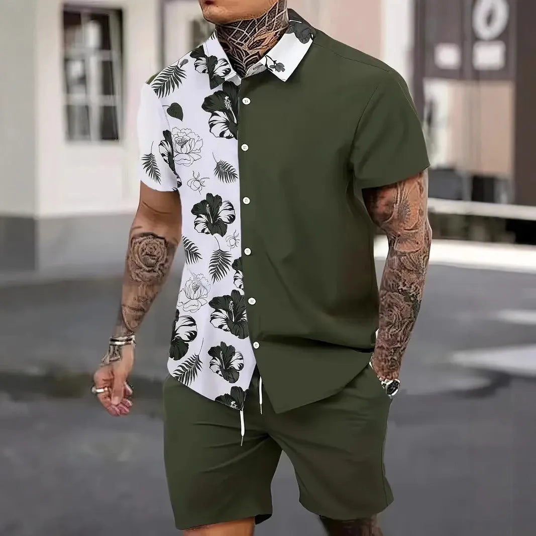 Men's Hawaii-themed short sleeve suit set with printed top and matching shorts on a hanger