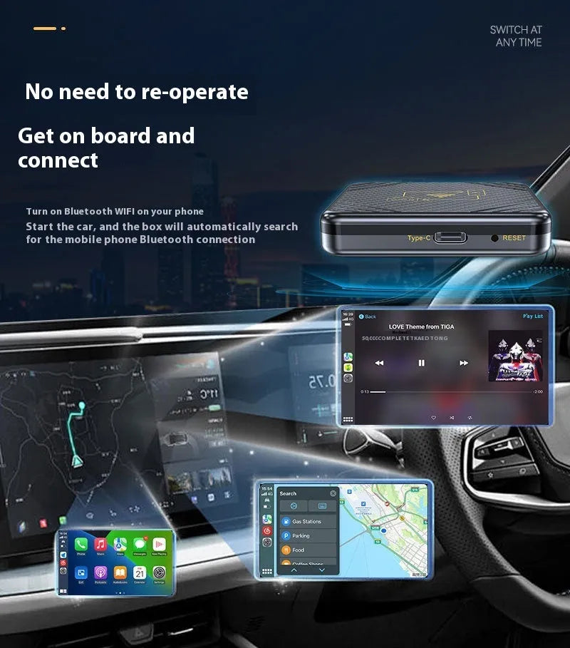 Wireless CarPlay and Android Auto smart box adapter in ABS plastic with USB connection