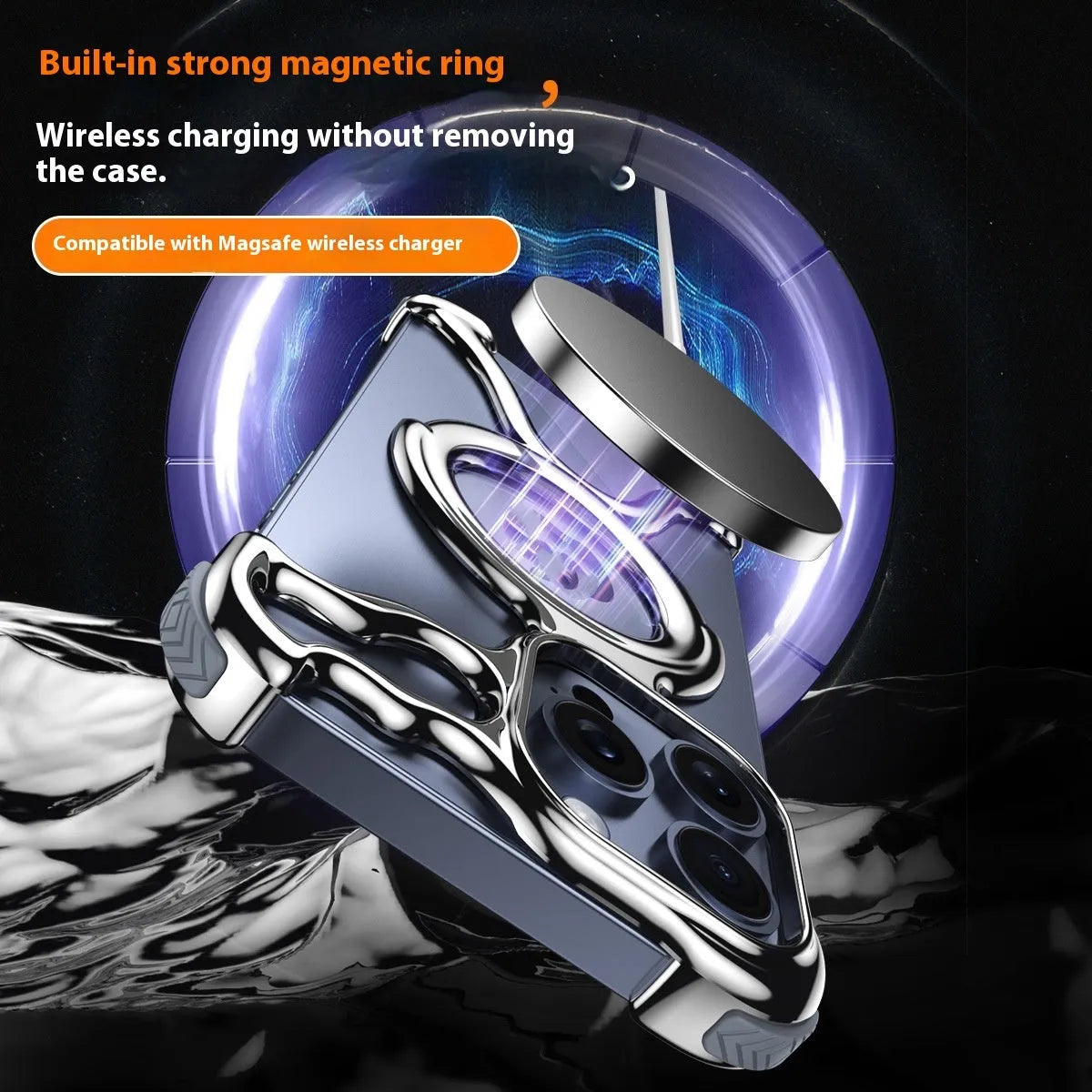 Magnetic iPhone case in bright silver with hollow design for heat dissipation and drop resistance.