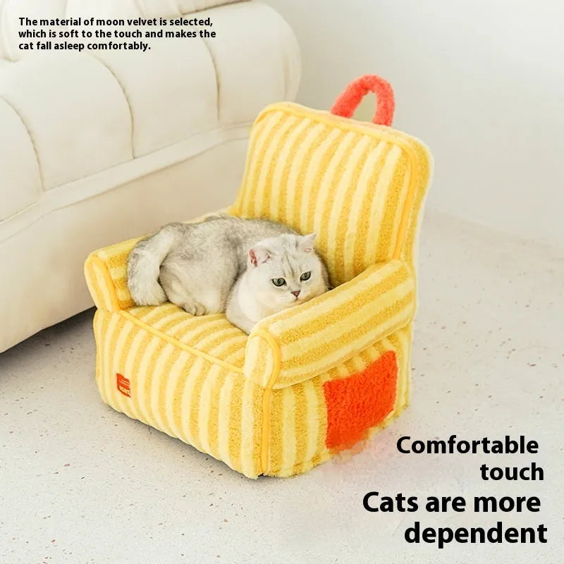Striped soft velvet pet bed for dogs with a removable cover in yellow, orange, or purple.