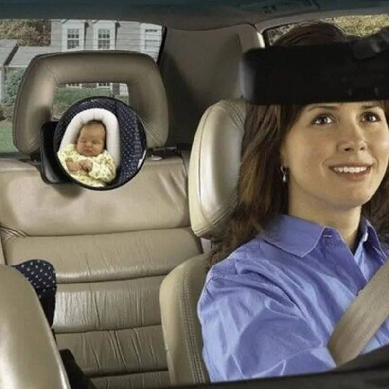 Black ABS baby safety rearview mirror with 17cm glass and adjustable strap for car seat monitoring.