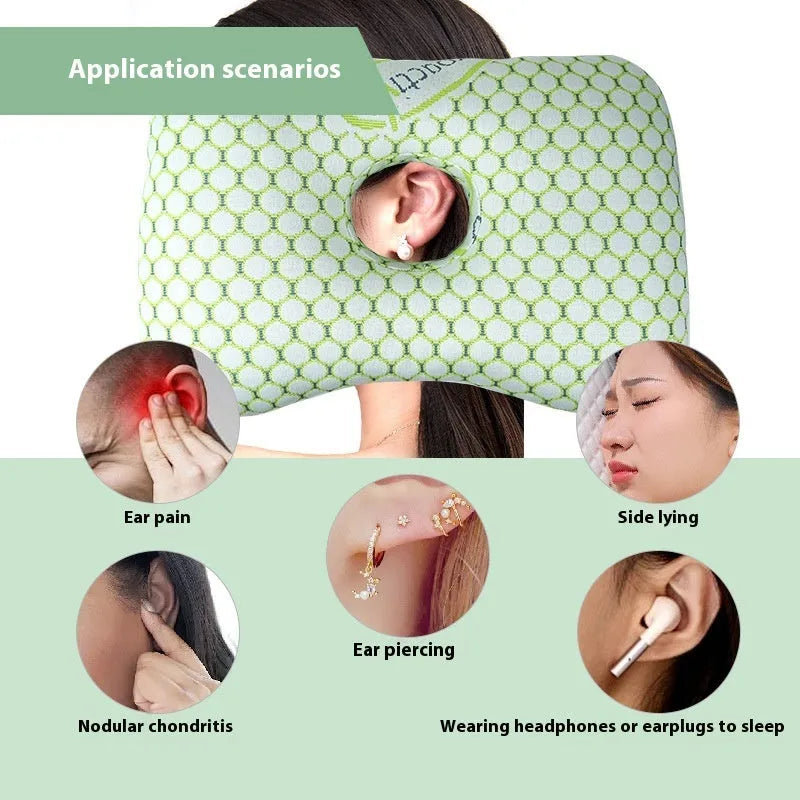 Single hole beauty salon ear pillow in plaid grey, showing dimensions and detachable cover feature
