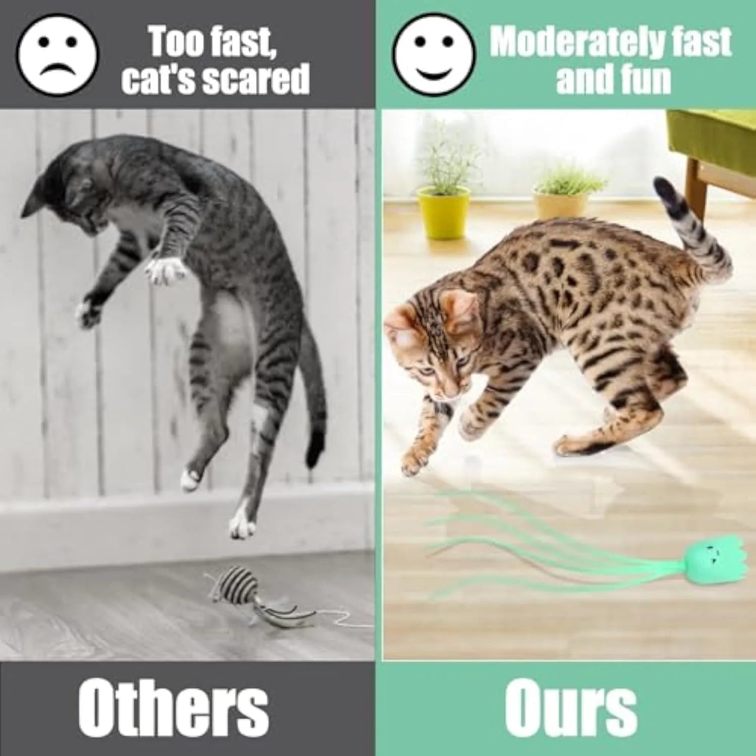 Green rechargeable automatic cat wand toy with swinging silicone tail on a white background.