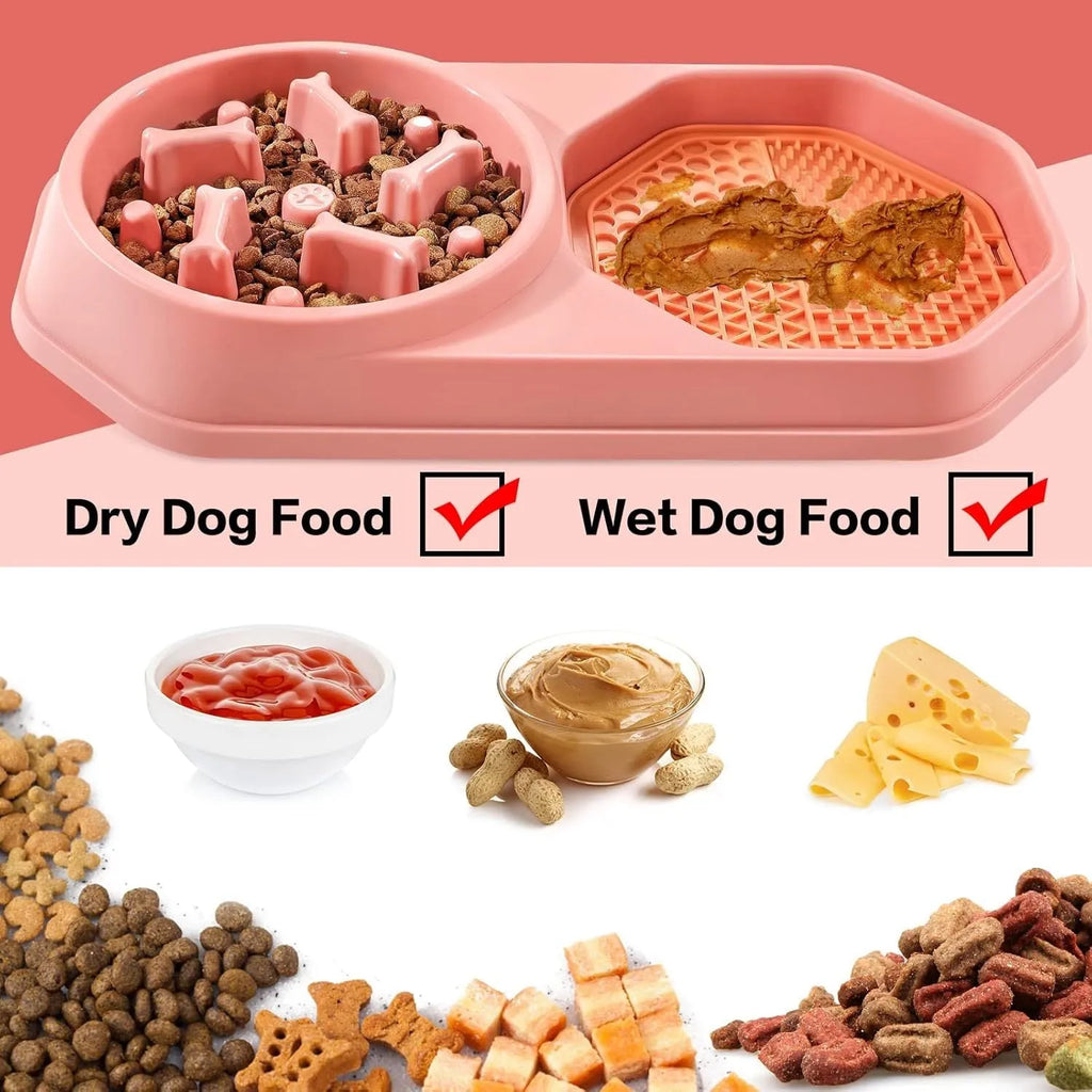 Blue green pink or yellow slow feeder puzzle dog bowl with maze pattern and non-slip base
