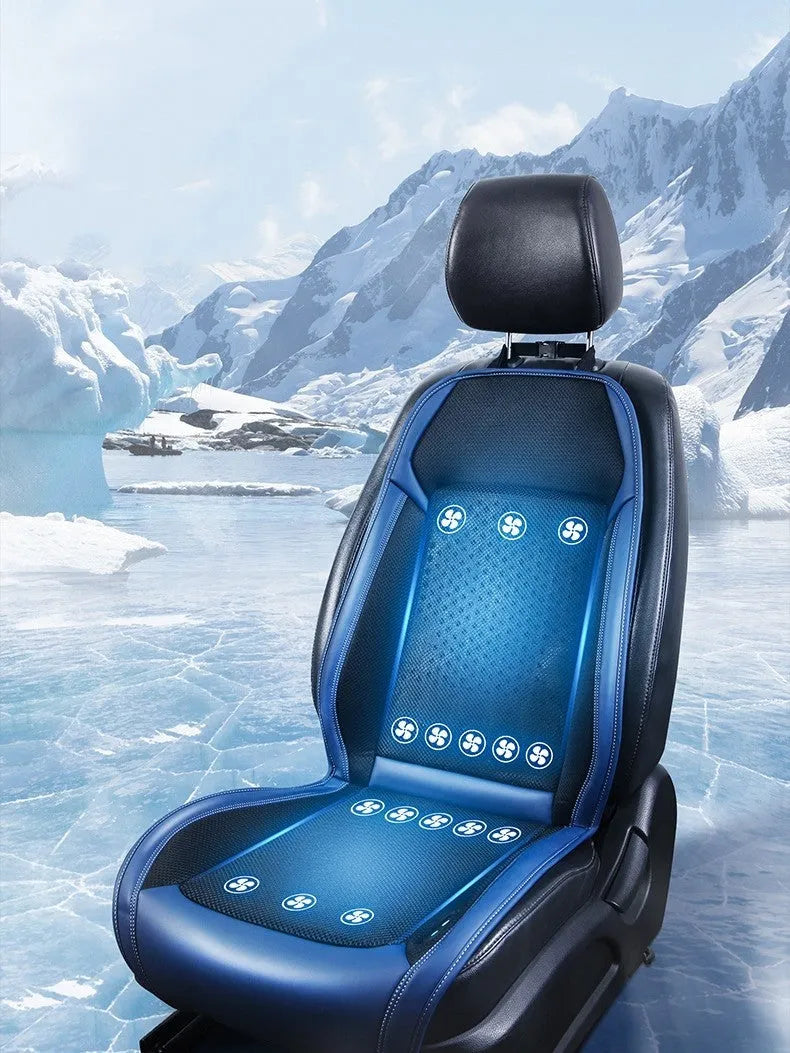 Car seat cooling pad with ventilation system in black colour featuring USB port and minimalist design