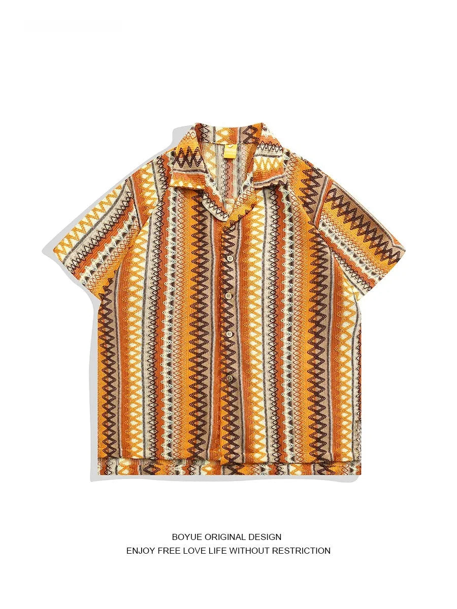 Ethnic woven Cuban collar shirt with contrast colours and short drop-shoulder sleeves.