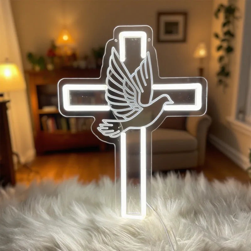 LED peace dove cross neon light, white acrylic wall light 33x24.5x1.5cm with USB 5V dimmable switch