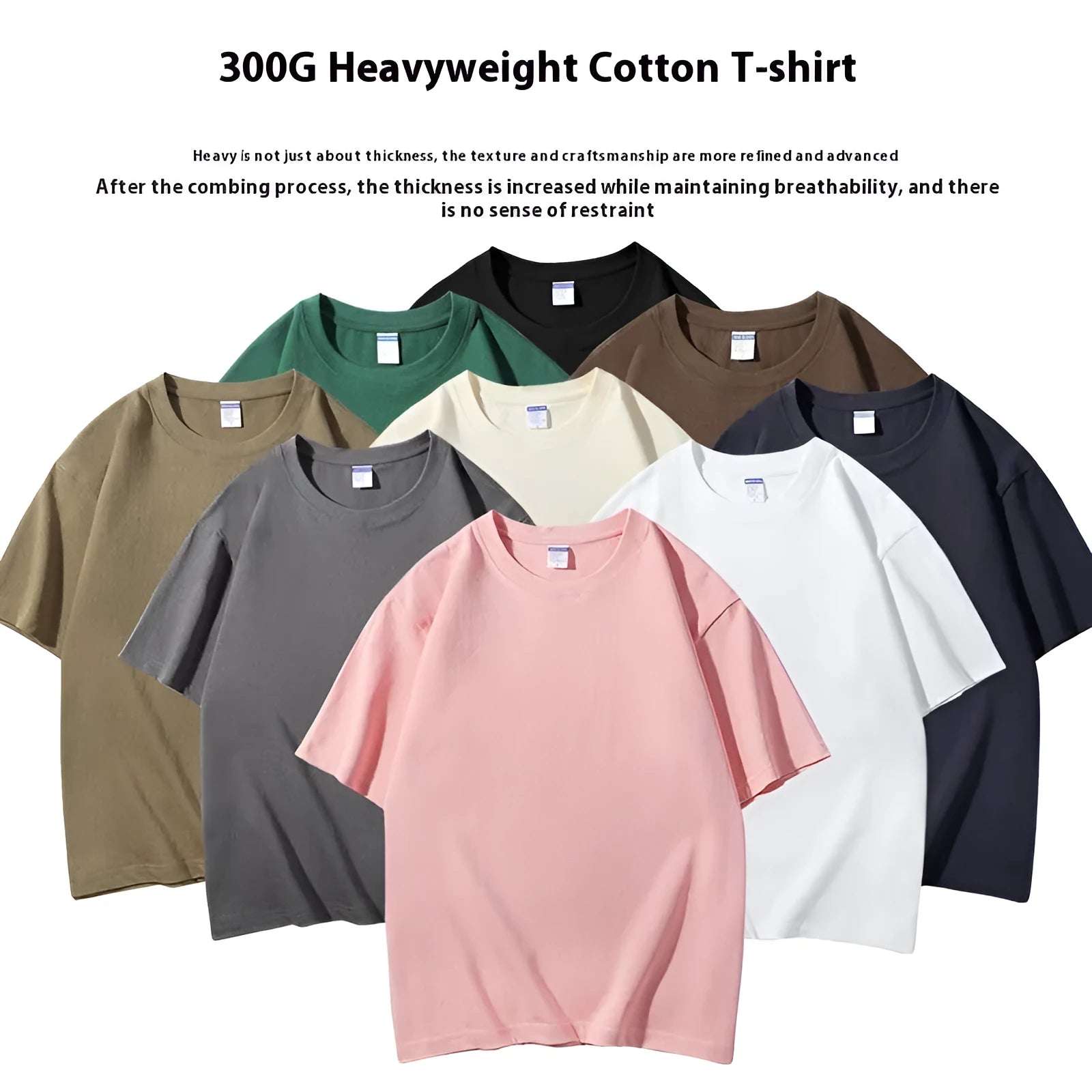 Man wearing a heavyweight 300g cotton round neck t-shirt in a loose European fit, available in multiple colours.