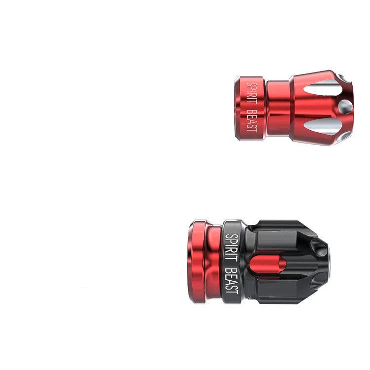 Pair of motorcycle tyre valve core caps in T6 aluminium alloy and 304 stainless steel, CNC machined, with oxidation colouring.