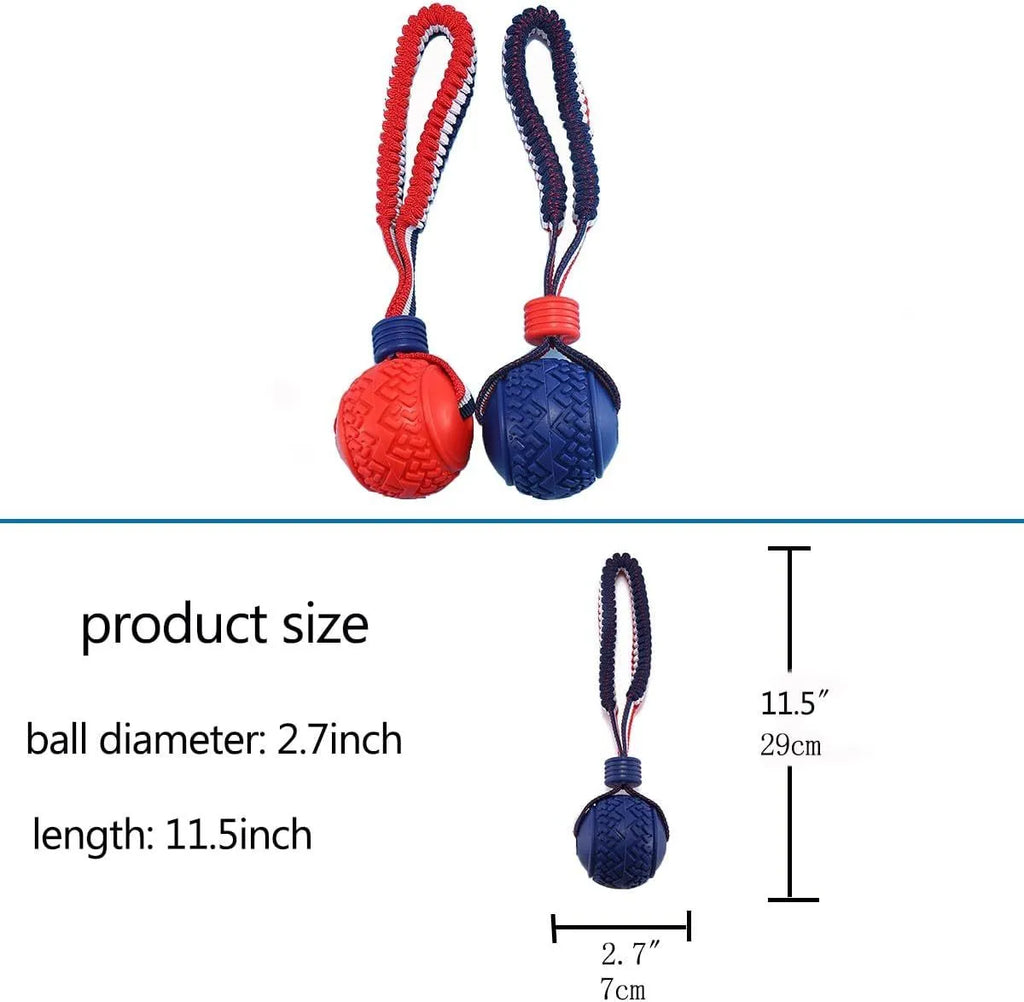 Red rubber dog ball with rope attachment showing textured surface and 29cm total length