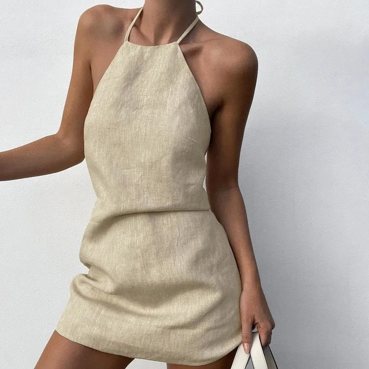 Women's solid colour A-line summer dress in cotton linen blend fabric