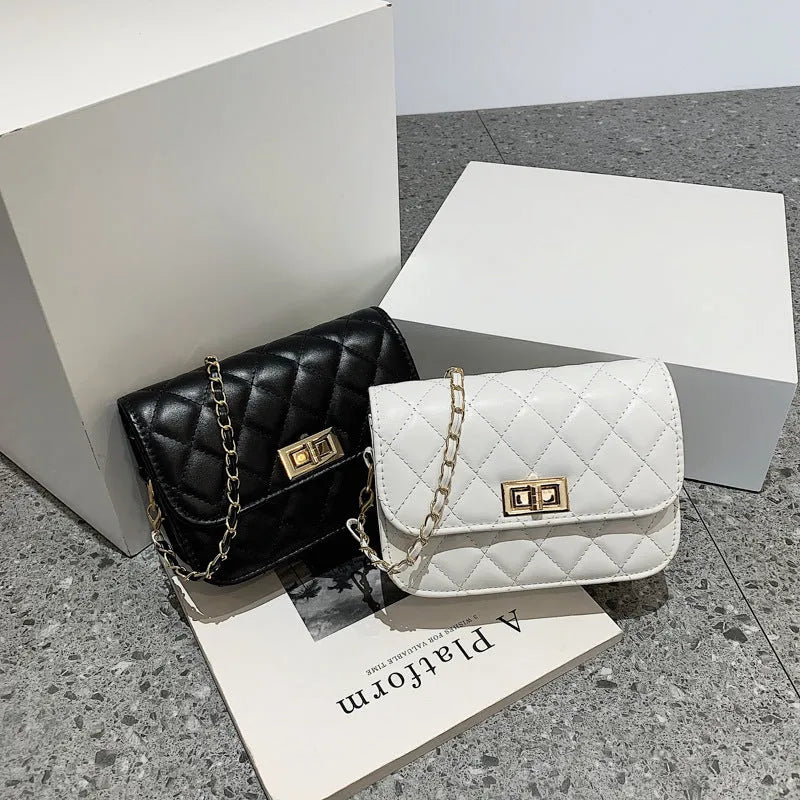 Women's PU leather diamond chain shoulder messenger bag in beige, horizontal square shape with sewing thread detailing