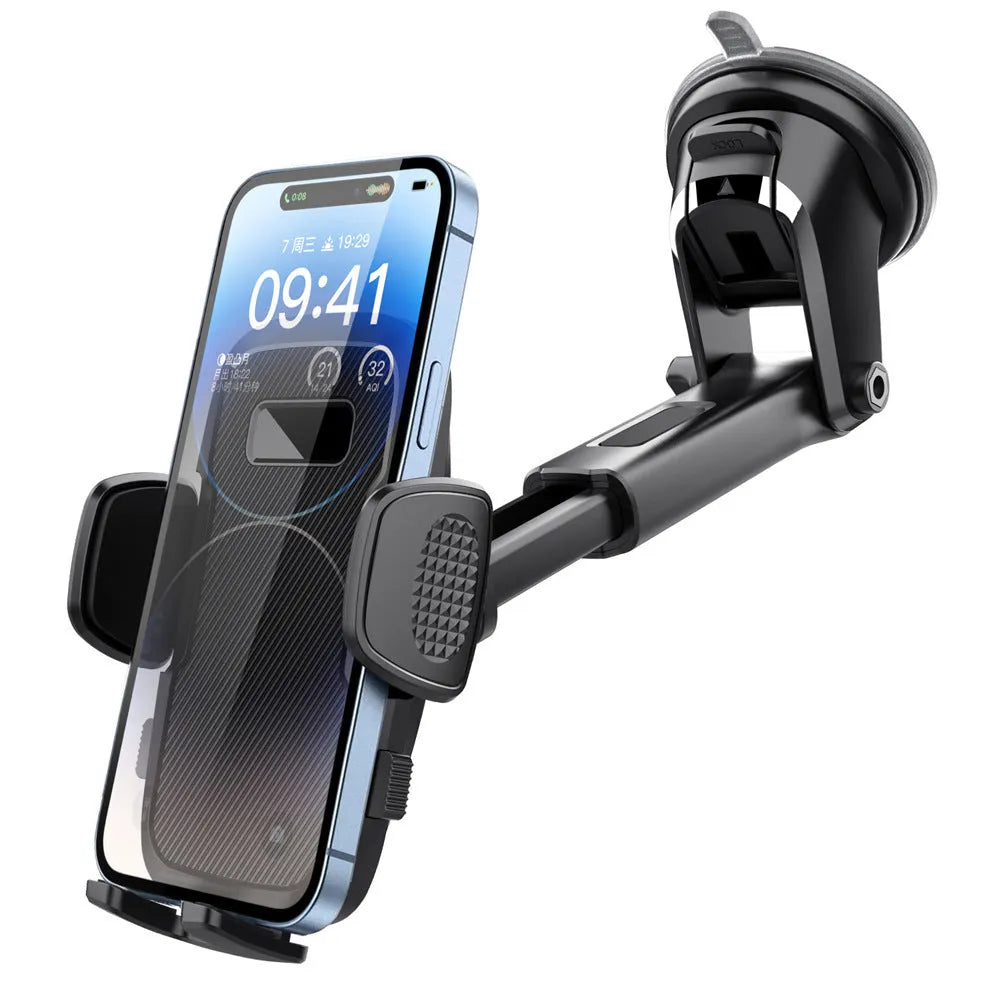 Black plastic universal car phone bracket suction mount for dashboard or windscreen
