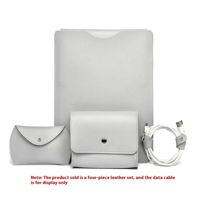 Set of four imitation leather lock-edge corner protectors for MacBook laptops in apricot colour.