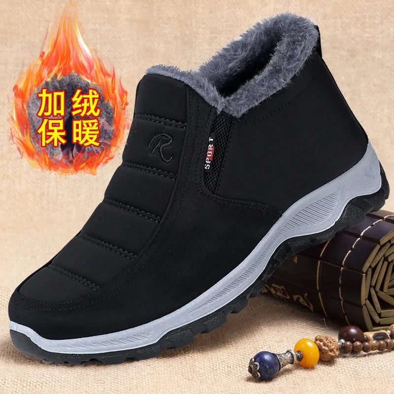 Men's cotton-padded fleece-lined black snow boots with rubber sole and round toe