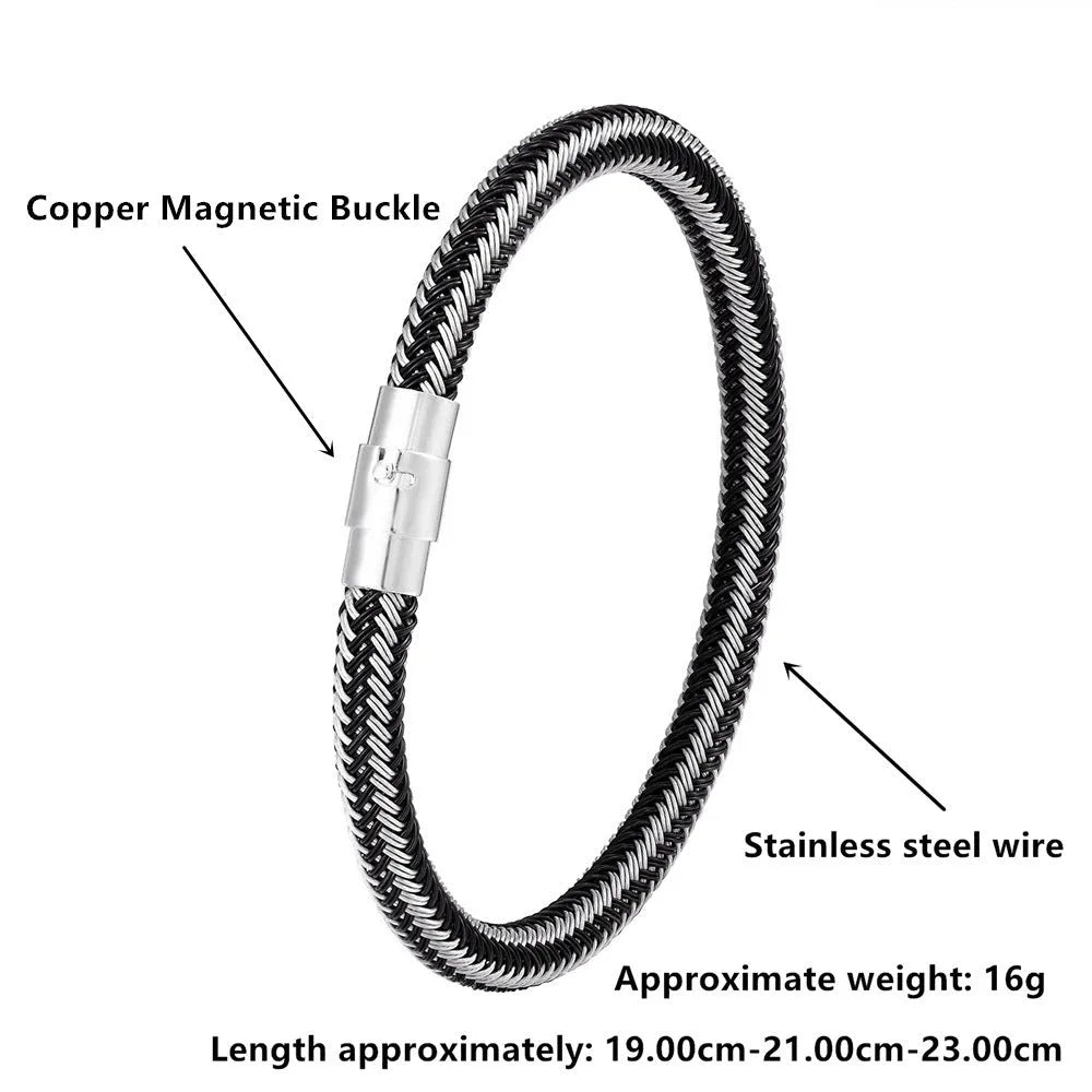Men's titanium steel geometric wire bracelet with a magnetic clasp shown in multiple colours.