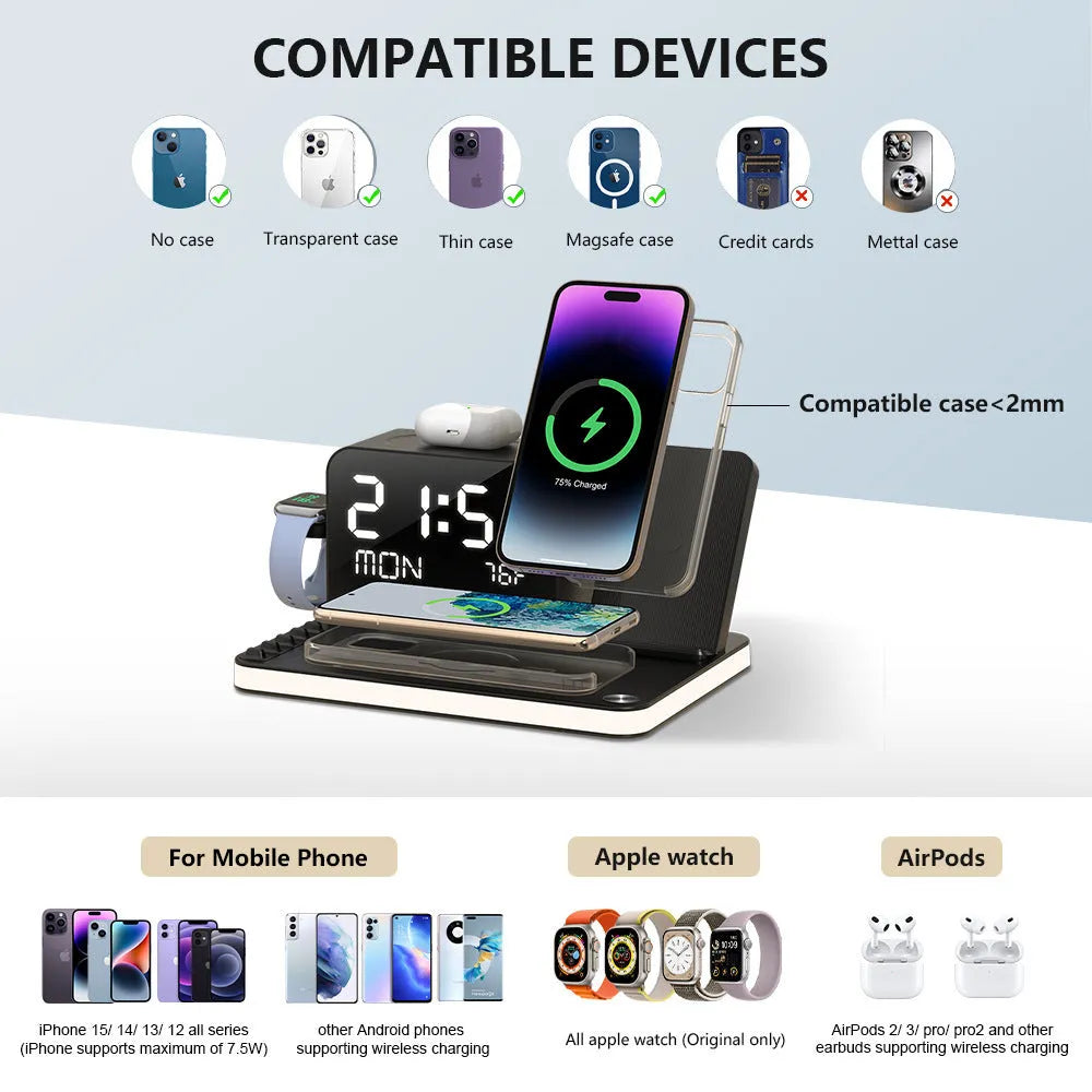 Black 7-in-1 wireless charging station with touch night light, week temperature display, 30W max output, PD fast charge