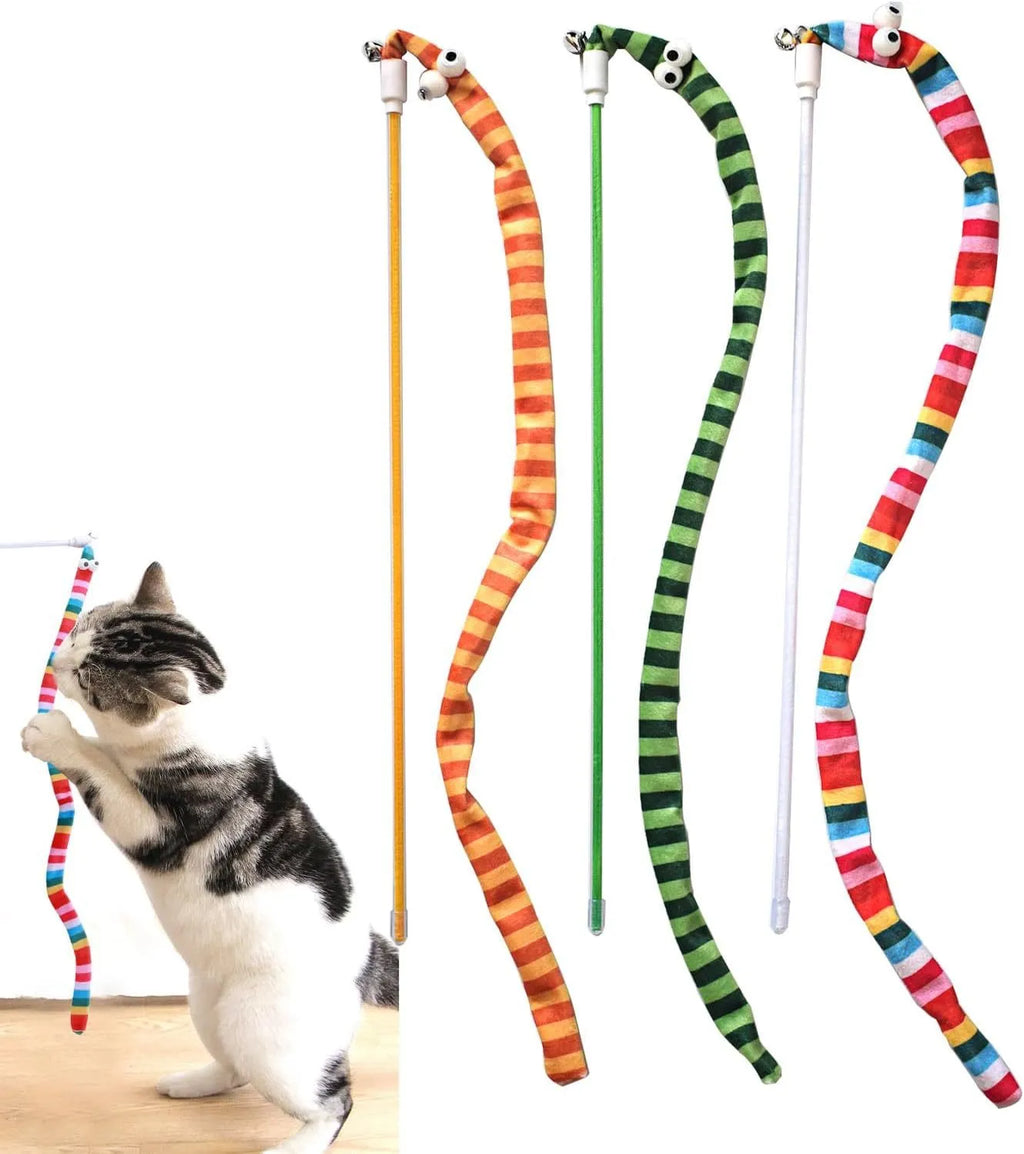 Cat wand toy with polycarbonate handle and long plush strip in vibrant colours, shown with bell attachment.