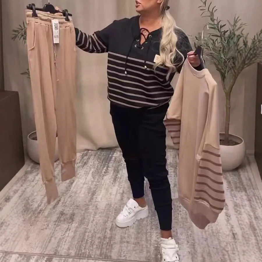 Women's striped two-piece sweatshirt and sweatpants set in black or khaki, loose long sleeve casual outfit, sizes S to XXXL