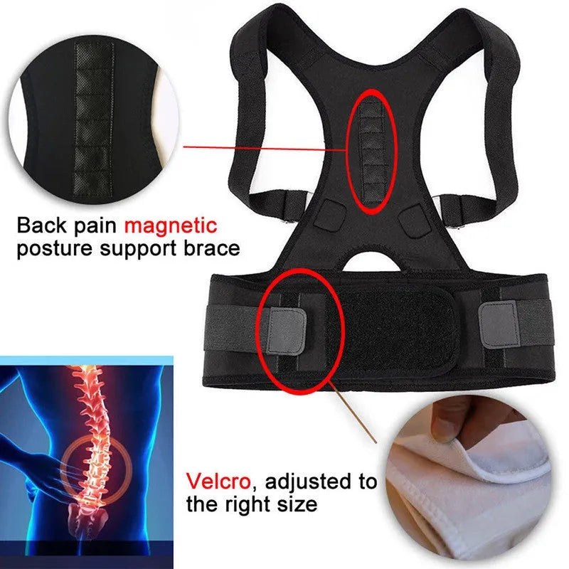Kyphotone black back posture corrector with shoulder straps and waist belt on a plain background