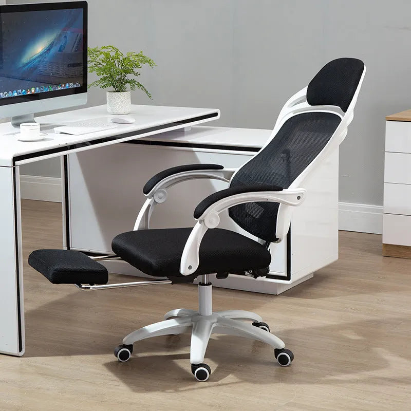Ergonomic black computer gaming chair with linkage armrests and adjustable height mechanism