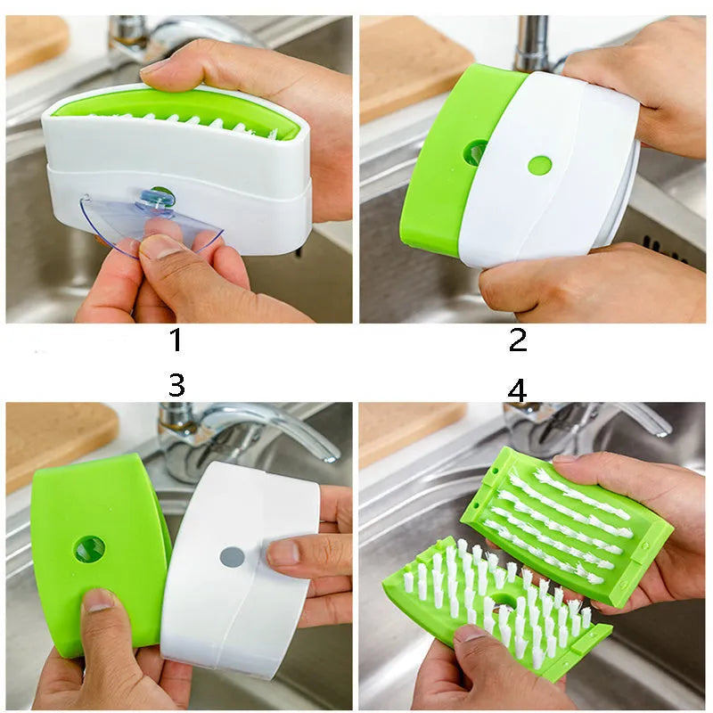 Blue kitchen cleaning brush with slots for utensils and a suction cup on a white wall.