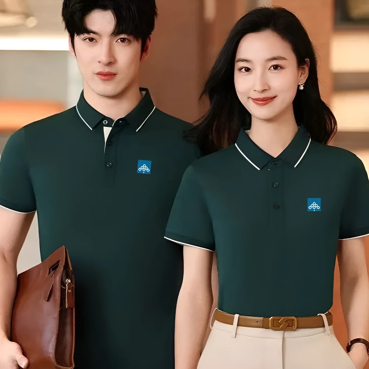 Light blue Summer Ice Silk Overalls Polo Shirt with an asymmetric design on a hanger.