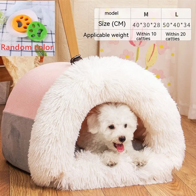 Splice Portable Pet Nest in brown with striped plush, moisture-proof base, suitable for small dogs and cats