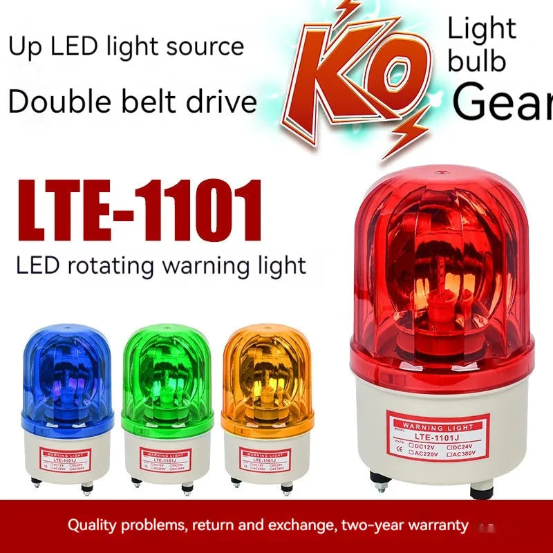 LTE-1101J industrial rotating warning light in red, yellow, or green with optional audible alarm