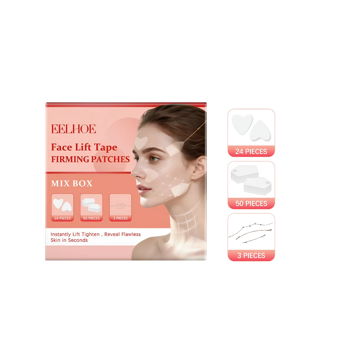 Face lift tape firming patch set with heart-shaped face stickers, invisible lifting stickers and lifting ropes