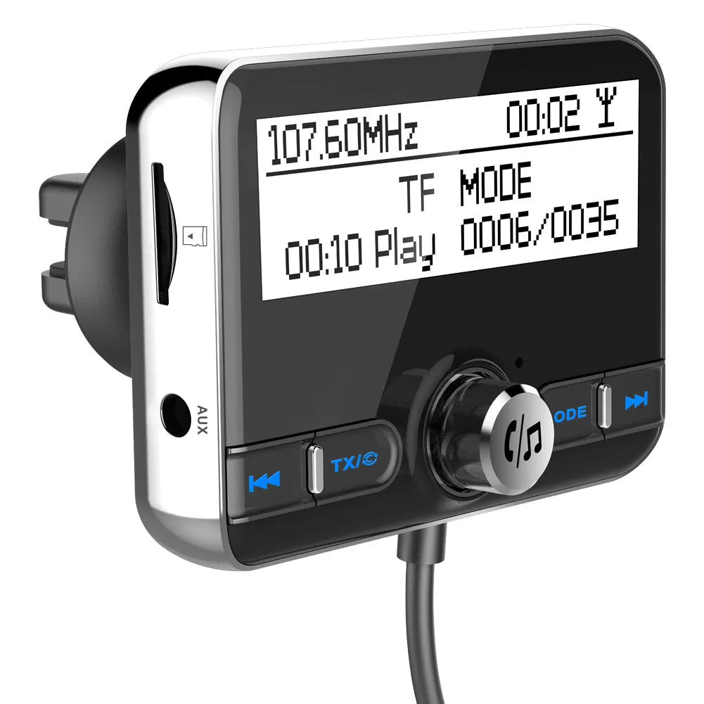 2.4 inch car DAB digital radio adapter with Bluetooth and QC3.0 in black, featuring LCD display and power cord