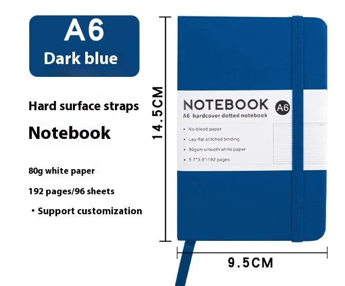 A5 soft touch PU leather strap diary open showing lined pages, closed with elastic band, in a choice of colours.