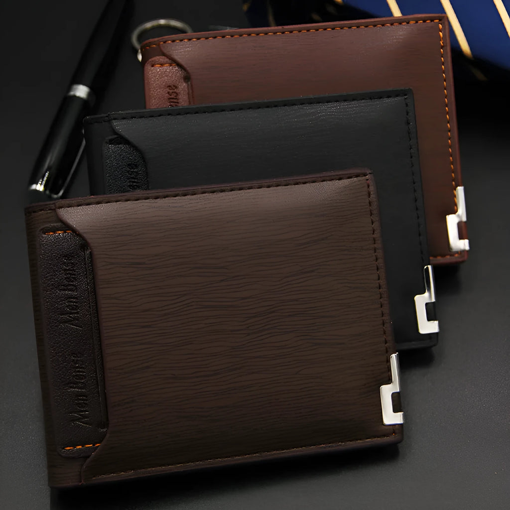 Men's black PU leather short wallet with iron-edge card-picking feature, shown with cards and coins.