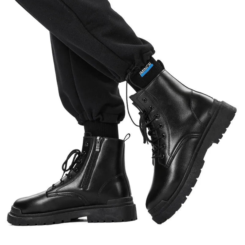 Men's black mid-top Martin boots with a flat rubber sole and PU upper